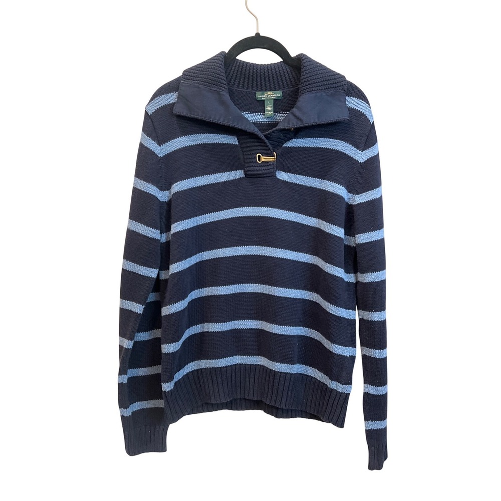 Lauren Ralph Lauren Striped Cotton‎ Knit Sweater Navy Blue Lobster Clasp Large